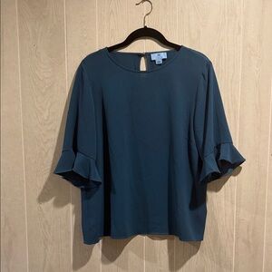 CaCe Elegant Blue Women's Blouse, Flowy Sleeves, Keyhole Back— L